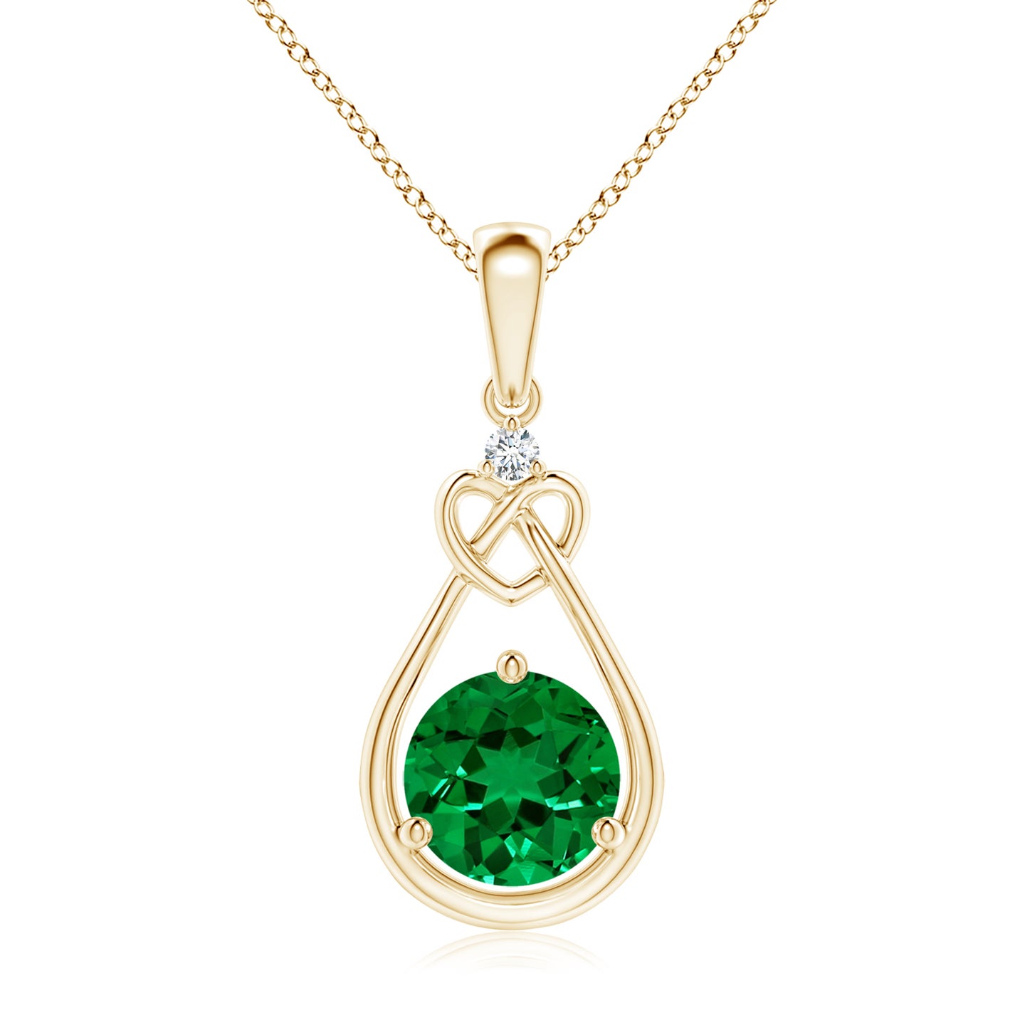 7mm Labgrown Lab-Grown Emerald Knotted Heart Pendant with Lab Diamond in Yellow Gold