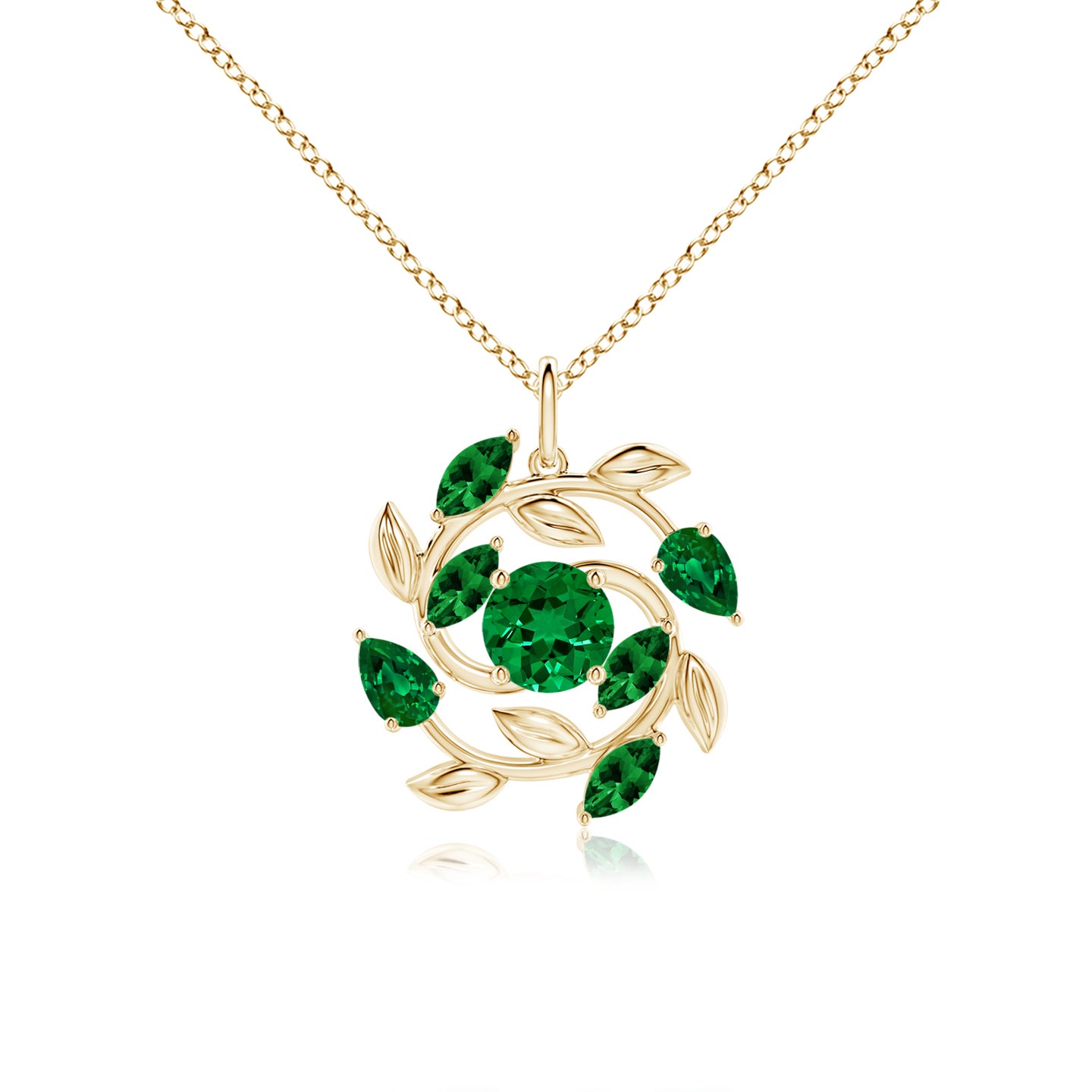 6mm Labgrown Lab-Grown Round and Marquise Emerald Olive Branch Pendant in Yellow Gold
