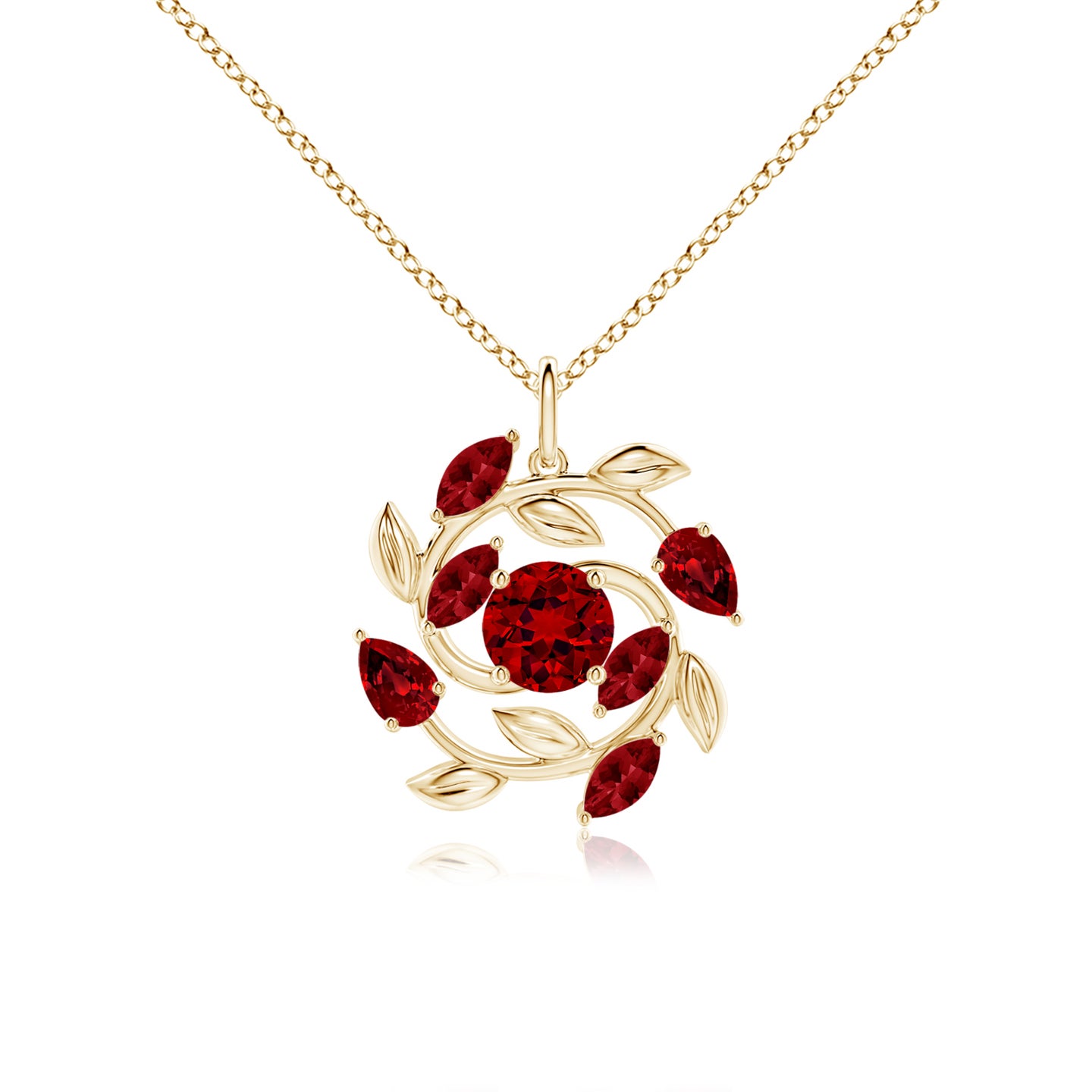 6mm Labgrown Lab-Grown Round and Marquise Ruby Olive Branch Pendant in Yellow Gold 6mm Labgrown Lab-Grown Round and Marquise Ruby Olive Branch Pendant in Yellow Gold