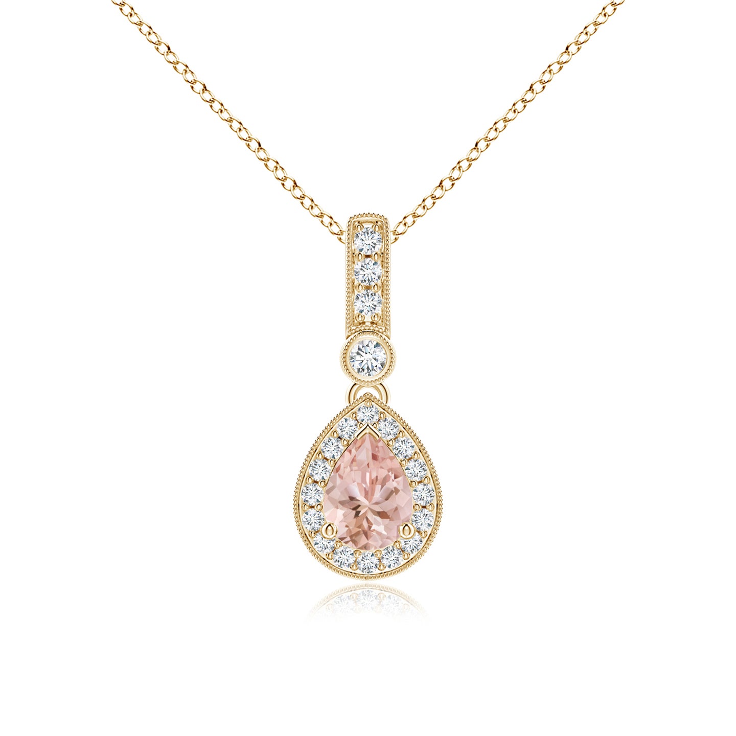 7x5mm AAAA Pear-Shaped Morganite and pave Diamond Halo Pendant in Yellow Gold 7x5mm AAAA Pear-Shaped Morganite and pave Diamond Halo Pendant in Yellow Gold