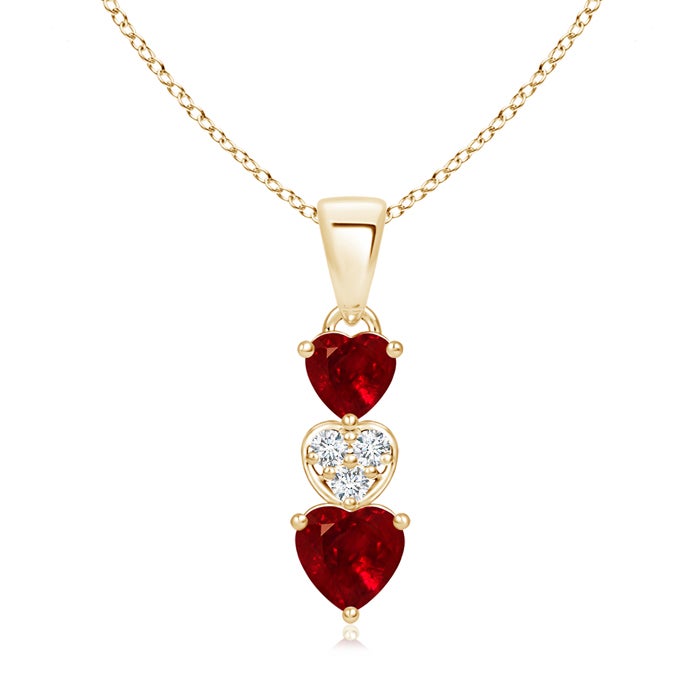 5mm AAAA Dangling Ruby and Diamond Triple Heart Pendant in Yellow Gold