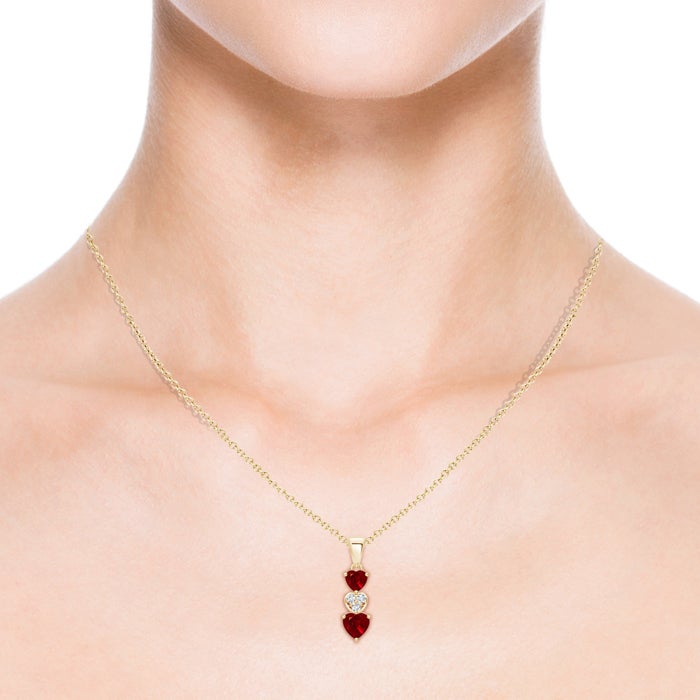 5mm AAAA Dangling Ruby and Diamond Triple Heart Pendant in Yellow Gold