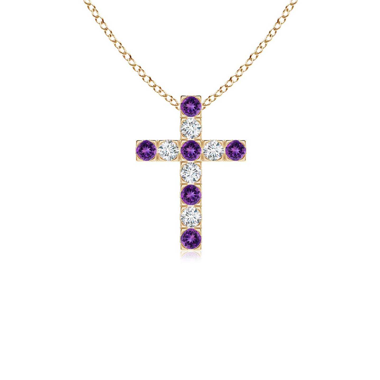 2mm AAAA Flat Prong-Set Amethyst and Diamond Cross Pendant in Yellow Gold