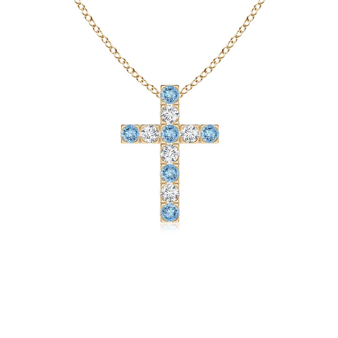 2mm AAAA Flat Prong-Set Aquamarine and Diamond Cross Pendant in Yellow Gold 2mm AAAA Flat Prong-Set Aquamarine and Diamond Cross Pendant in Yellow Gold