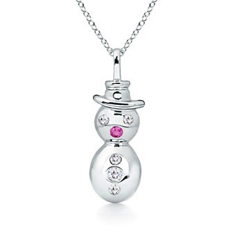 1.5mm AA Gypsy-Set Pink Sapphire and Diamond Snowman Pendant in Silver