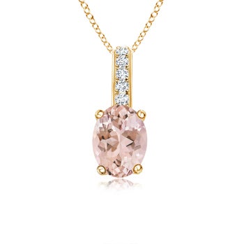 7x5mm AAAA Oval Morganite Solitaire Pendant with Diamond Bale in Yellow Gold 7x5mm AAAA Oval Morganite Solitaire Pendant with Diamond Bale in Yellow Gold