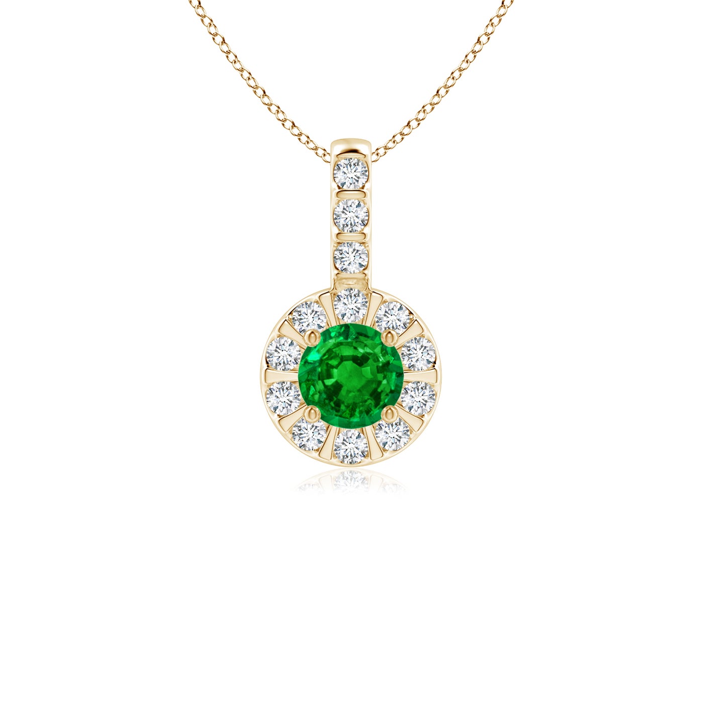 4mm AAAA Emerald Pendant with Bar-Set Diamond Halo in Yellow Gold 4mm AAAA Emerald Pendant with Bar-Set Diamond Halo in Yellow Gold