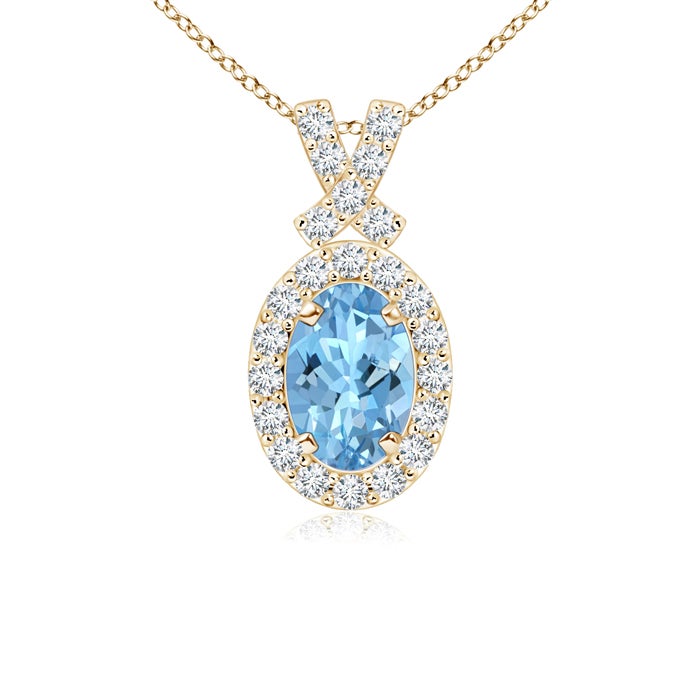 6x4mm AAAA Vintage Style Aquamarine Pendant with Diamond Halo in Yellow Gold