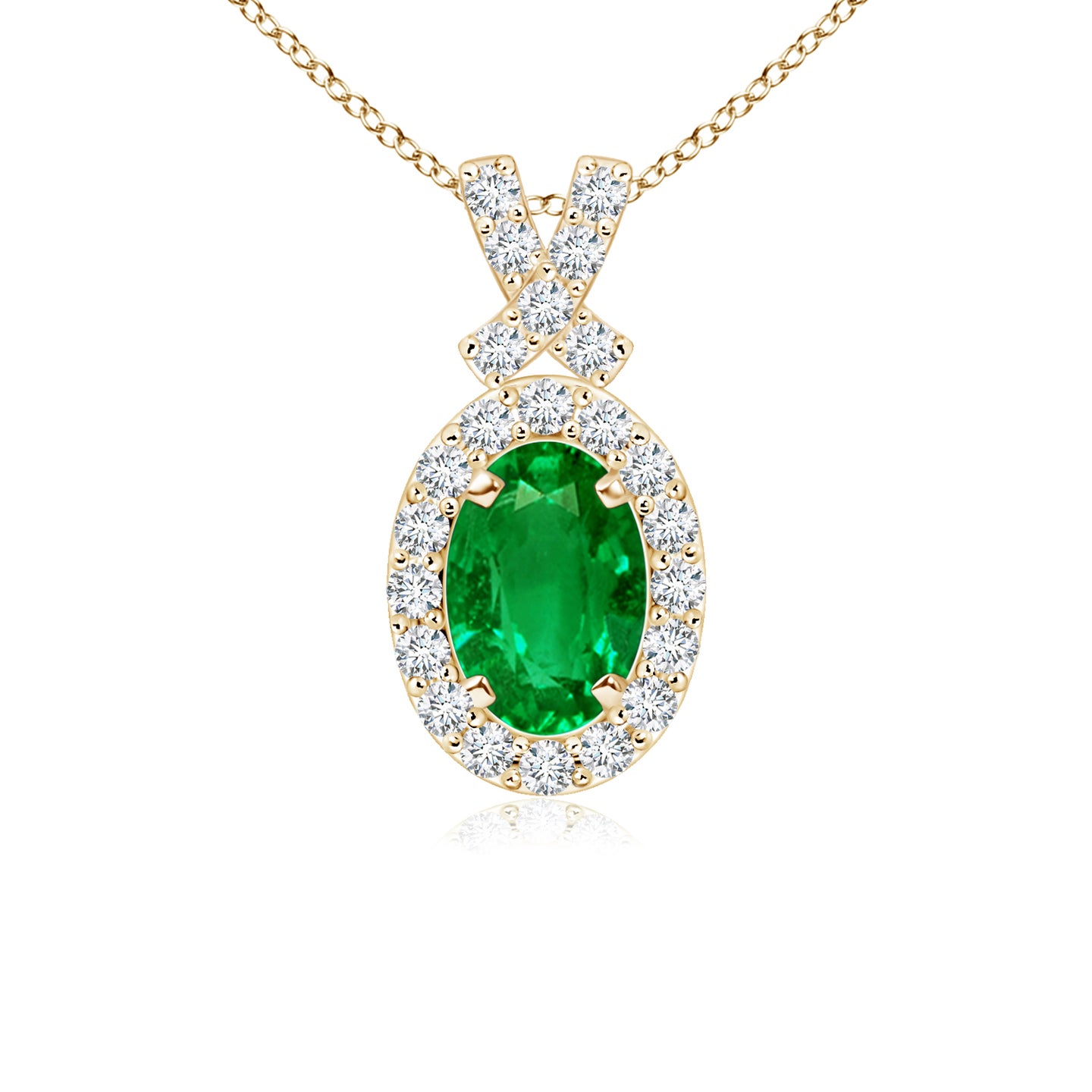 6x4mm AAAA Vintage Style Emerald Pendant with Diamond Halo in Yellow Gold 6x4mm AAAA Vintage Style Emerald Pendant with Diamond Halo in Yellow Gold