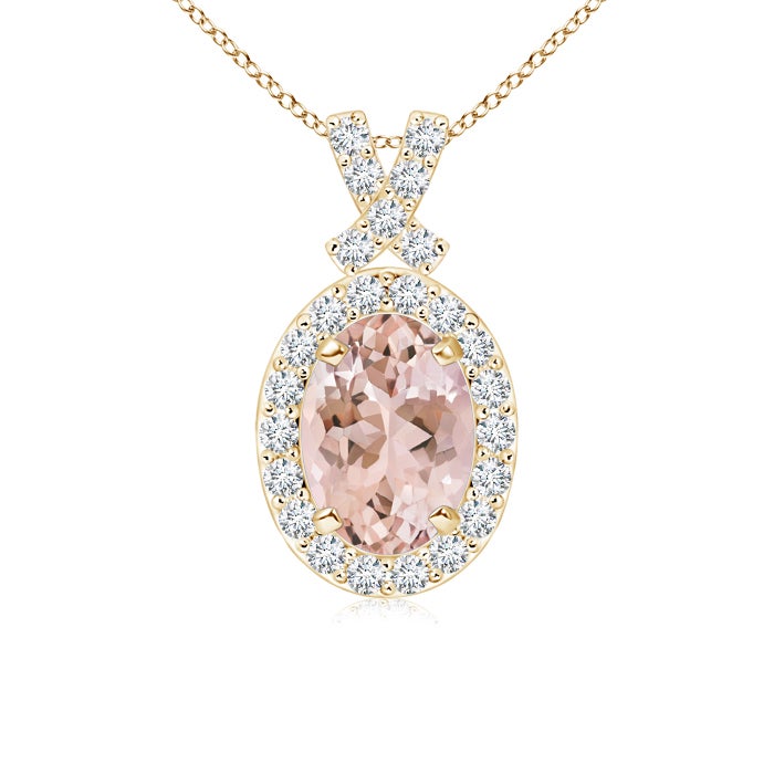 7x5mm AAAA Vintage Style Morganite Pendant with Diamond Halo in Yellow Gold 7x5mm AAAA Vintage Style Morganite Pendant with Diamond Halo in Yellow Gold