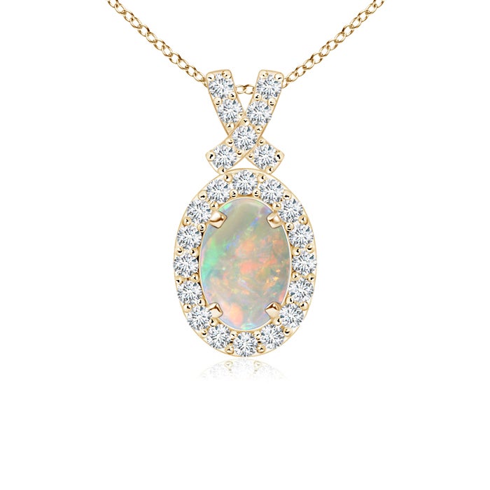 6x4mm AAAA Vintage Style Opal Pendant with Diamond Halo in Yellow Gold