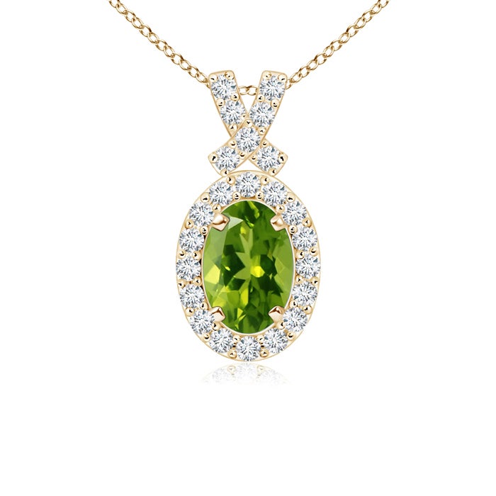 6x4mm AAAA Vintage Style Peridot Pendant with Diamond Halo in Yellow Gold 6x4mm AAAA Vintage Style Peridot Pendant with Diamond Halo in Yellow Gold
