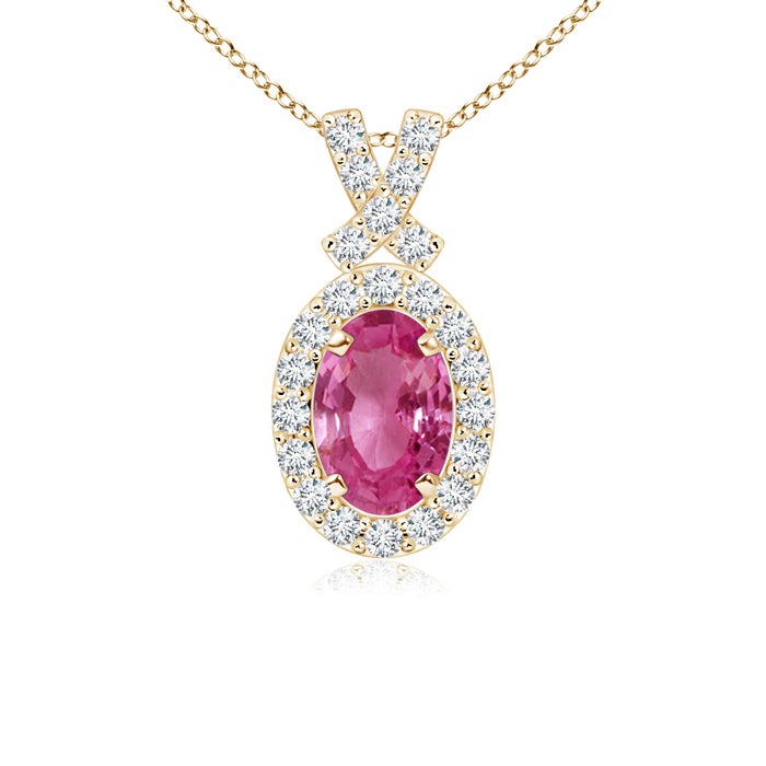 6x4mm AAAA Vintage Style Pink Sapphire Pendant with Diamond Halo in Yellow Gold