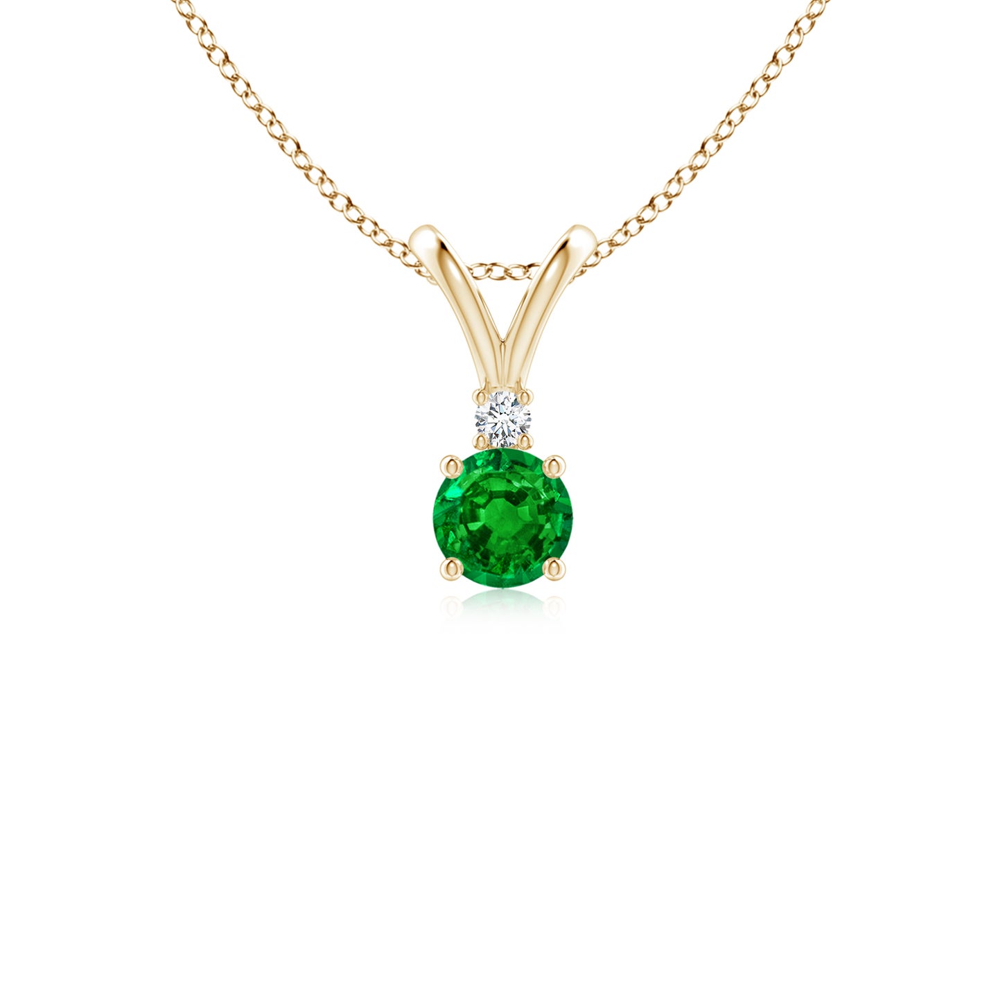 4mm AAAA Round Emerald Solitaire V-Bale Pendant with Diamond in Yellow Gold 4mm AAAA Round Emerald Solitaire V-Bale Pendant with Diamond in Yellow Gold