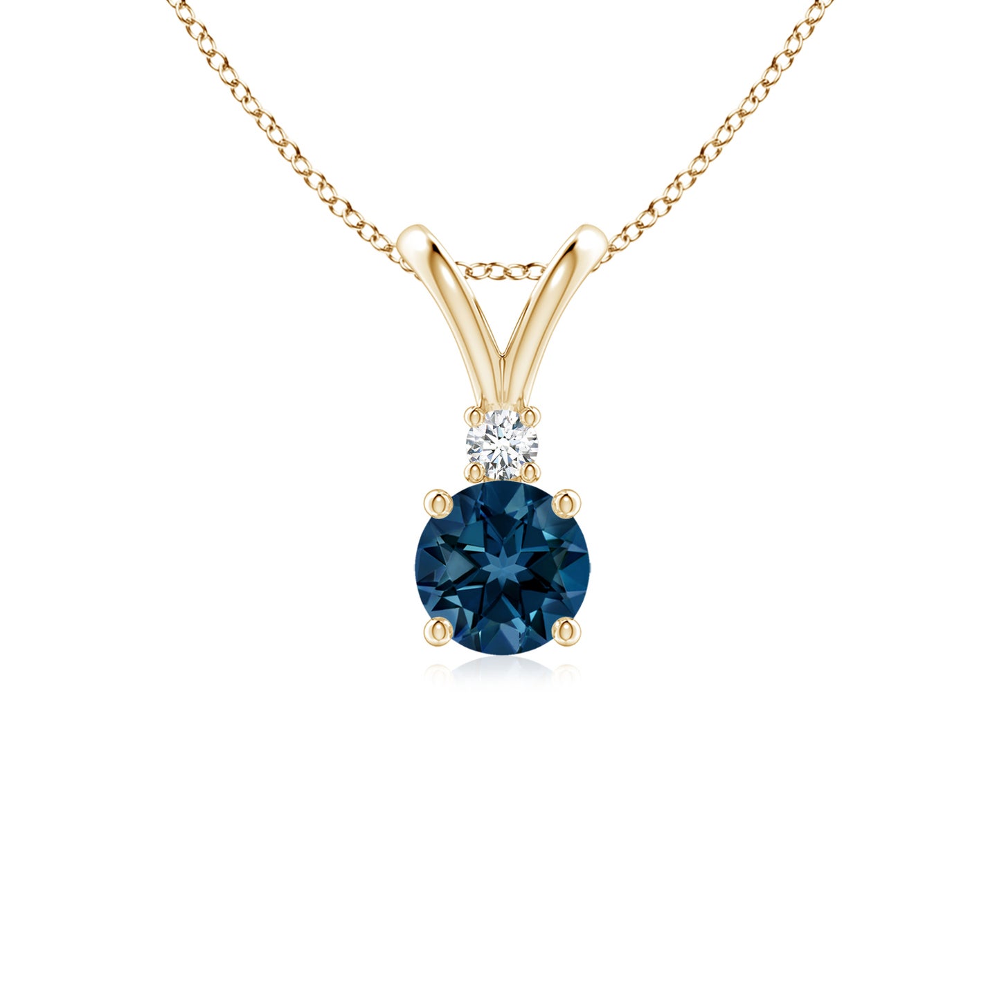 5mm AAAA Round London Blue Topaz Solitaire Pendant with Diamond in Yellow Gold