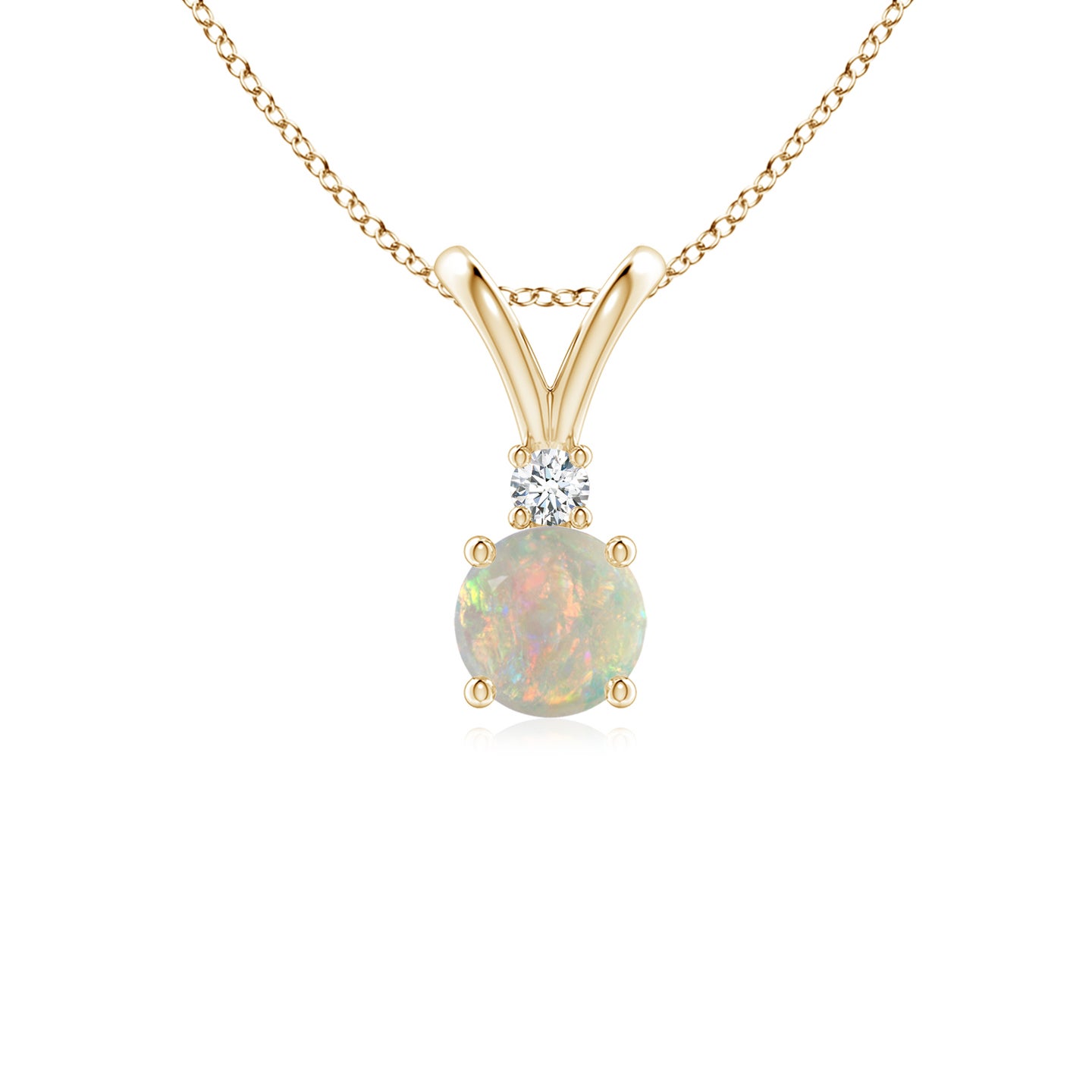 5mm AAAA Round Opal Solitaire V-Bale Pendant with Diamond in Yellow Gold