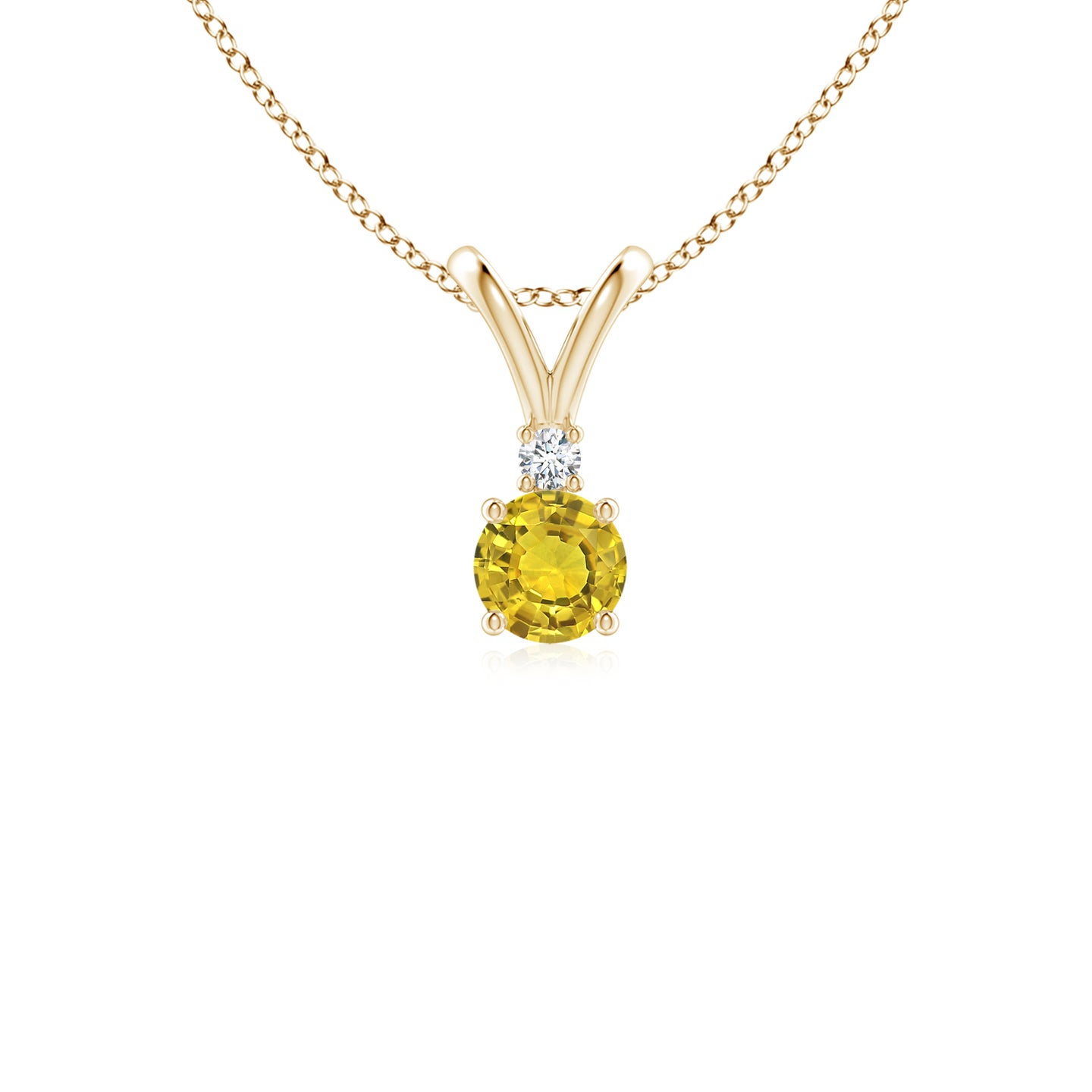 4mm AAAA Round Yellow Sapphire Solitaire V-Bale Pendant with Diamond in Yellow Gold