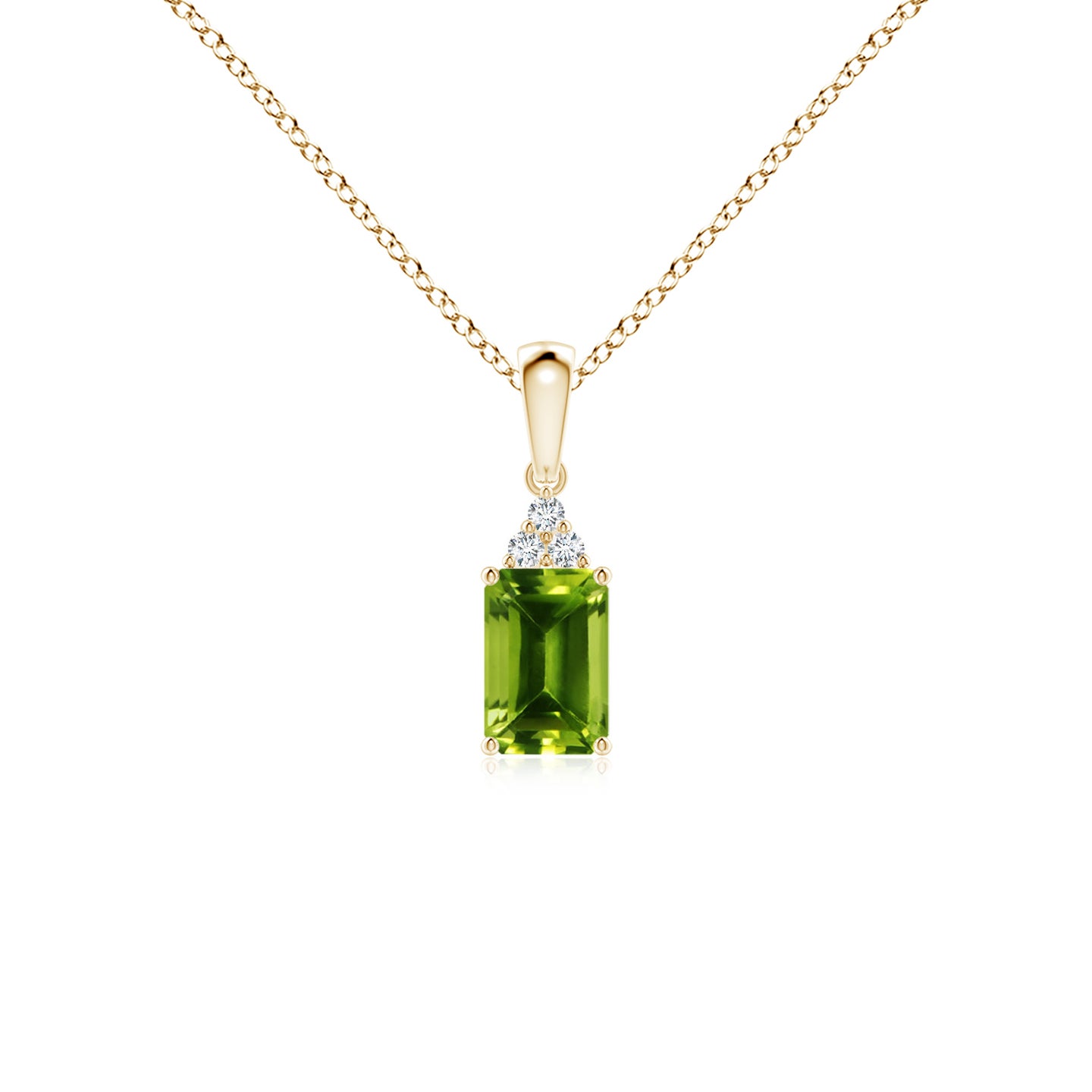 6x4mm AAAA Emerald-Cut Peridot Pendant with Diamond Trio in Yellow Gold 6x4mm AAAA Emerald-Cut Peridot Pendant with Diamond Trio in Yellow Gold