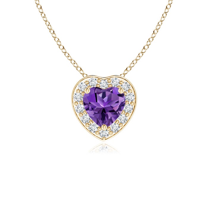 4mm AAAA Heart-Shaped Amethyst Pendant with Diamond Halo in Yellow Gold
