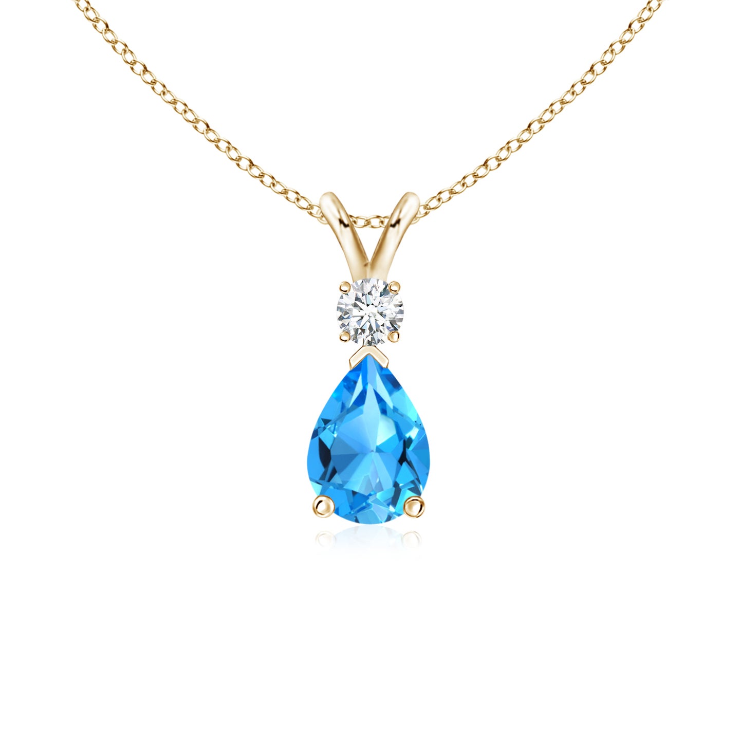 7x5mm AAAA Swiss Blue Topaz Teardrop Pendant with Diamond in Yellow Gold