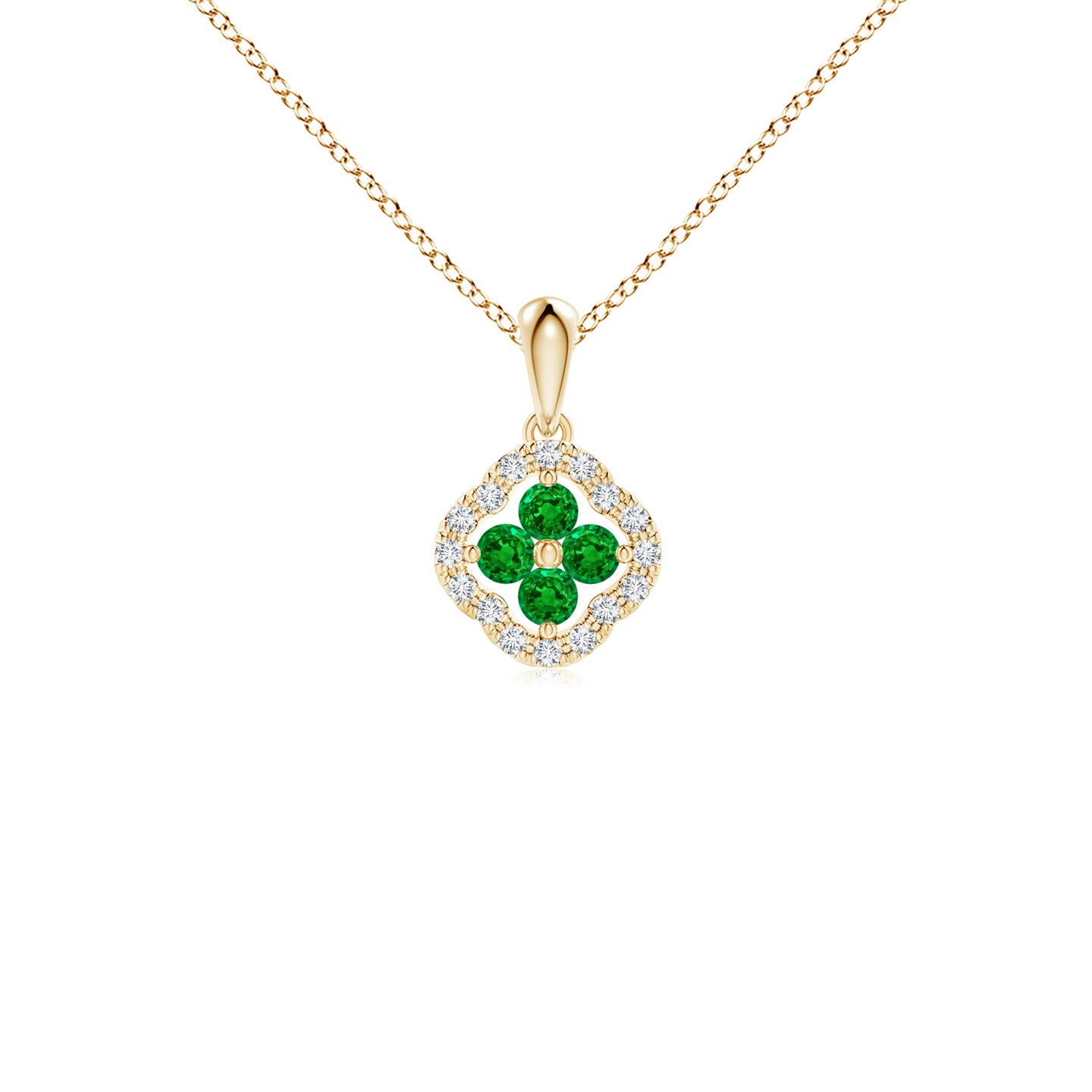 2mm AAAA Diamond Framed Emerald Clover Pendant in Yellow Gold 2mm AAAA Diamond Framed Emerald Clover Pendant in Yellow Gold