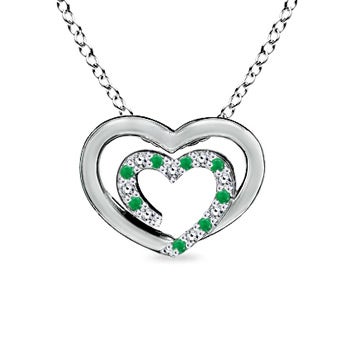 1.2mm AA Diamond and Emerald Double Heart Necklace in Silver