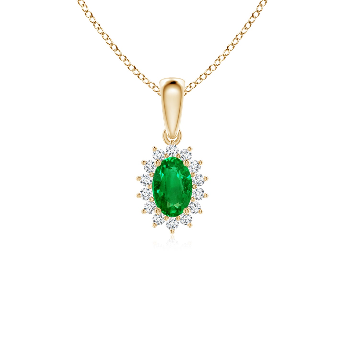 6x4mm AAAA Oval Emerald Pendant with Floral Diamond Halo in Yellow Gold 6x4mm AAAA Oval Emerald Pendant with Floral Diamond Halo in Yellow Gold