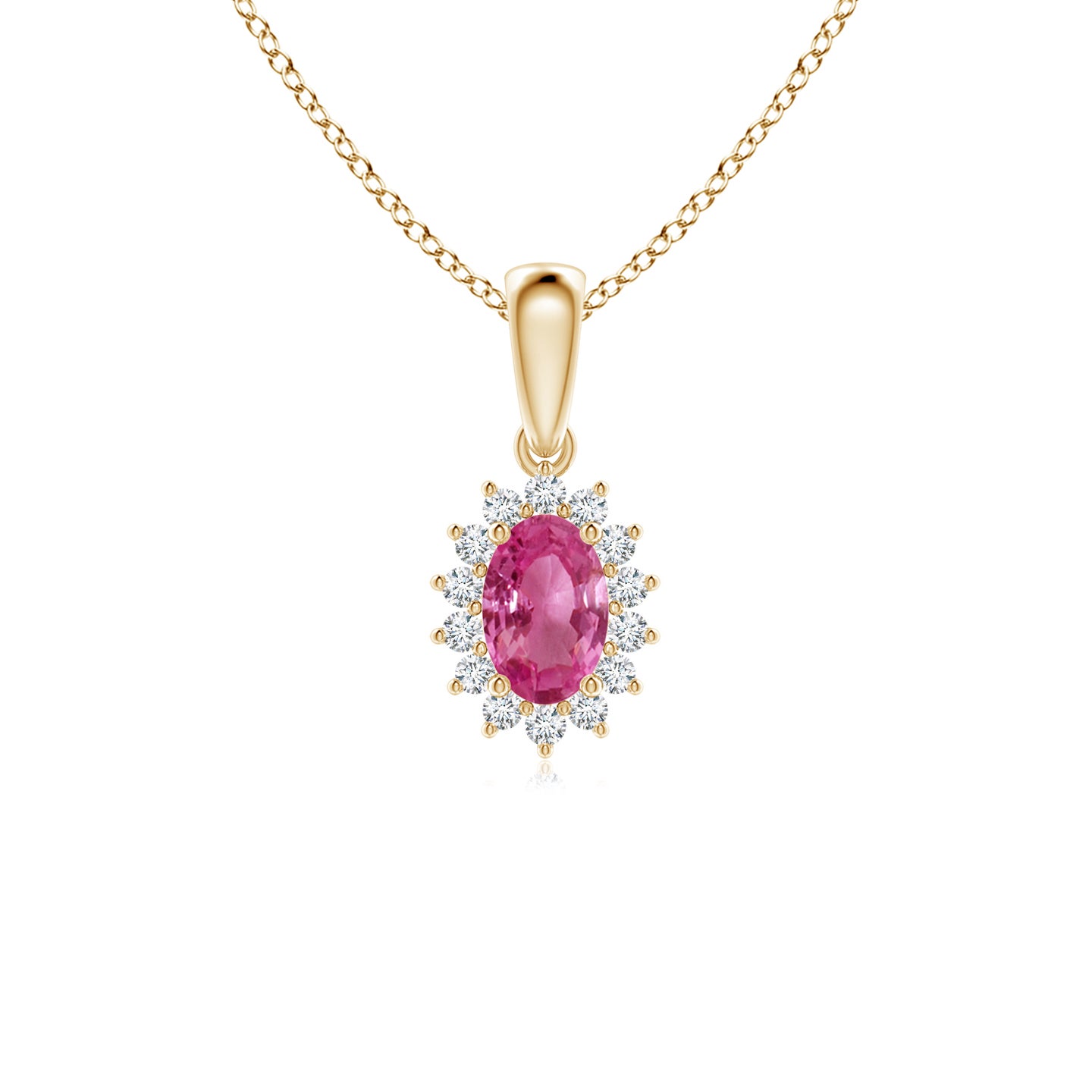 6x4mm AAAA Oval Pink Sapphire Pendant with Floral Diamond Halo in Yellow Gold