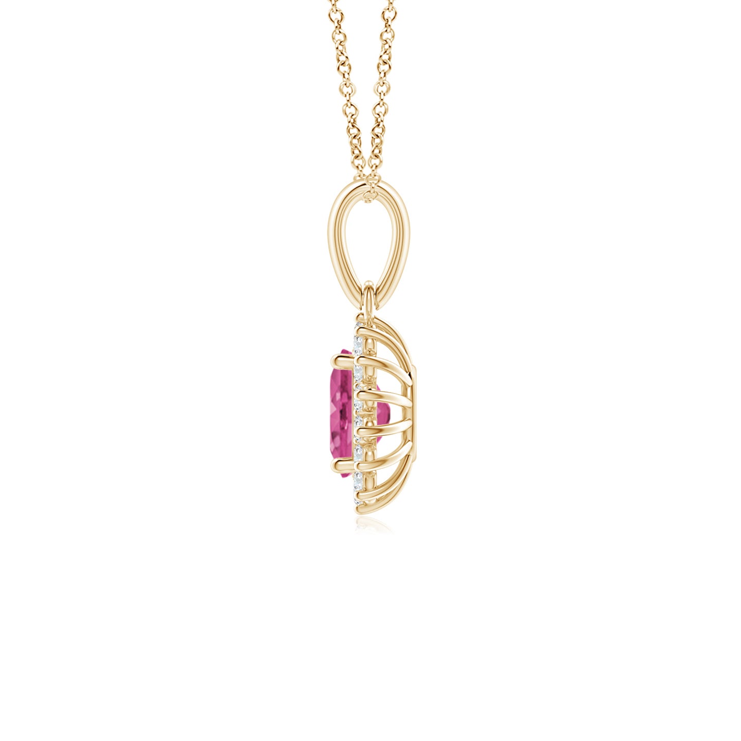 6x4mm AAAA Oval Pink Sapphire Pendant with Floral Diamond Halo in Yellow Gold