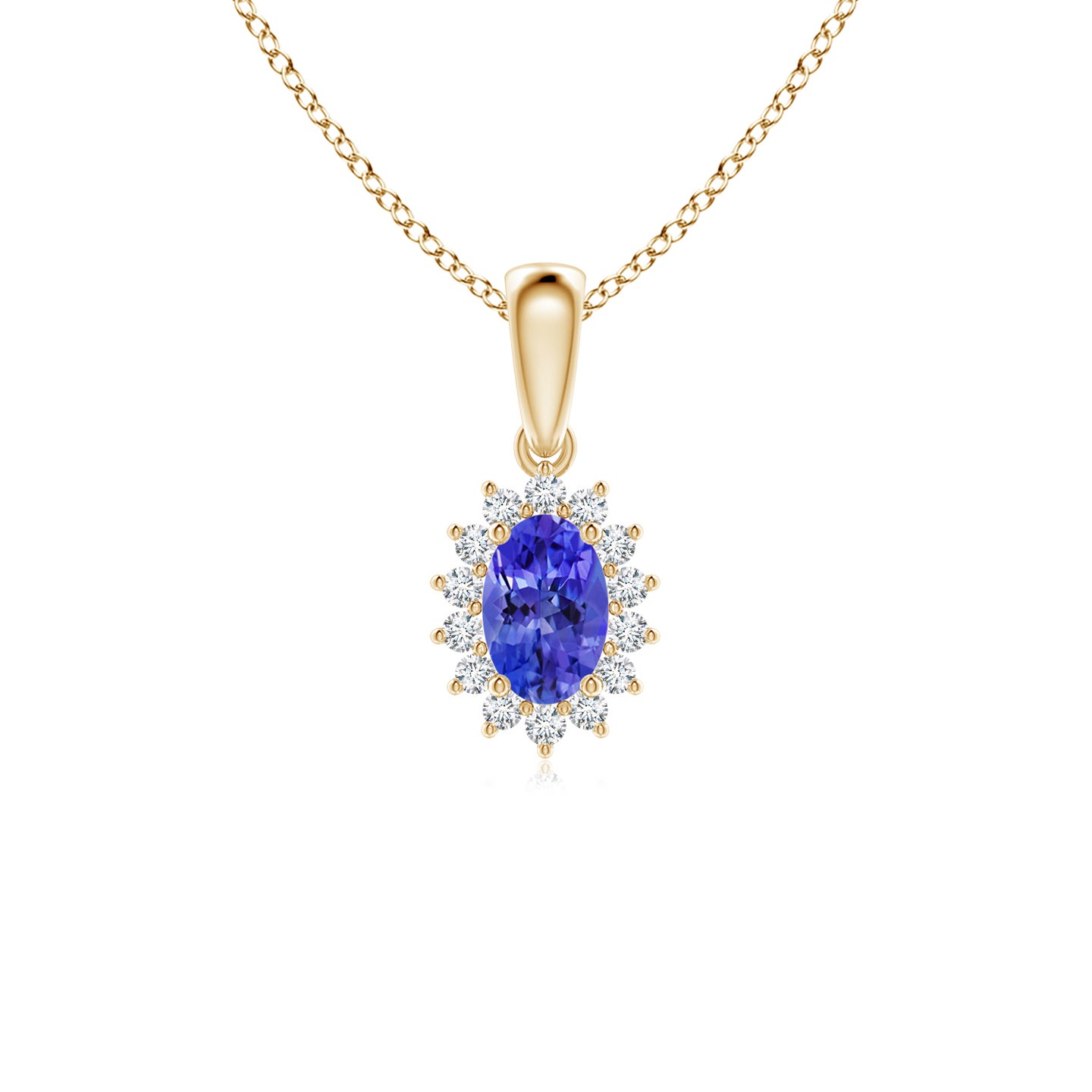 6x4mm AAAA Oval Tanzanite Pendant with Floral Diamond Halo in Yellow Gold