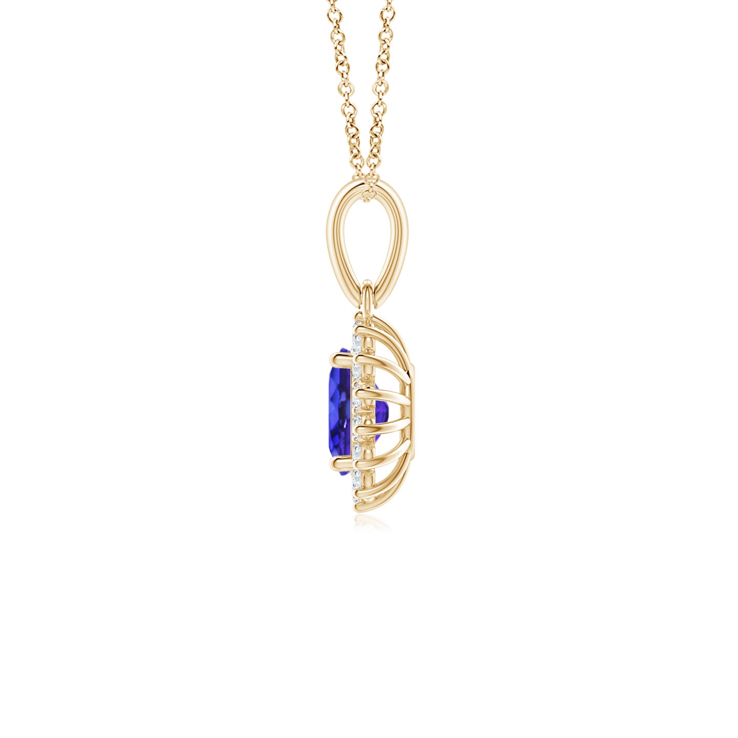 6x4mm AAAA Oval Tanzanite Pendant with Floral Diamond Halo in Yellow Gold