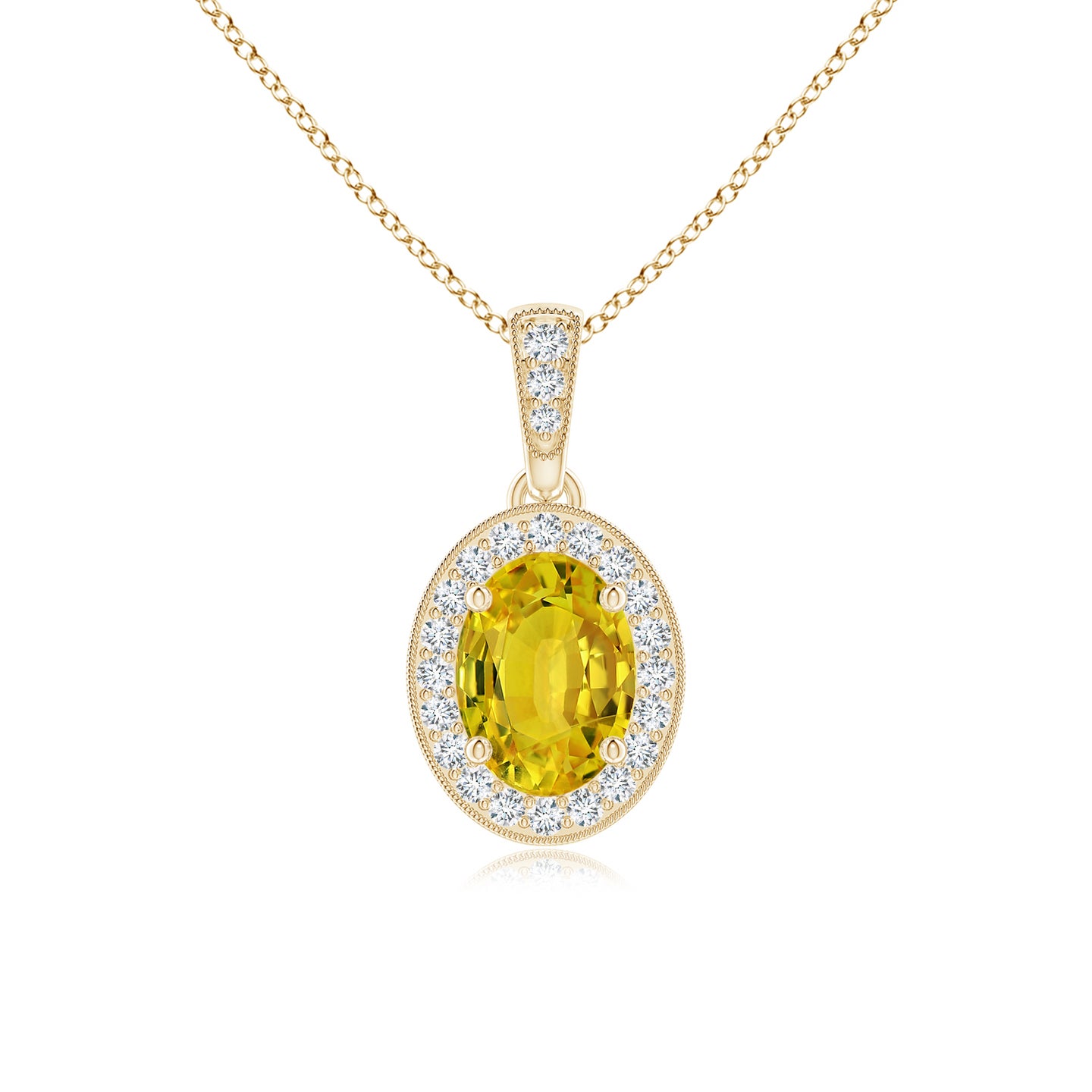 7x5mm AAAA Vintage Style Oval Yellow Sapphire Pendant with Diamond Halo in Yellow Gold
