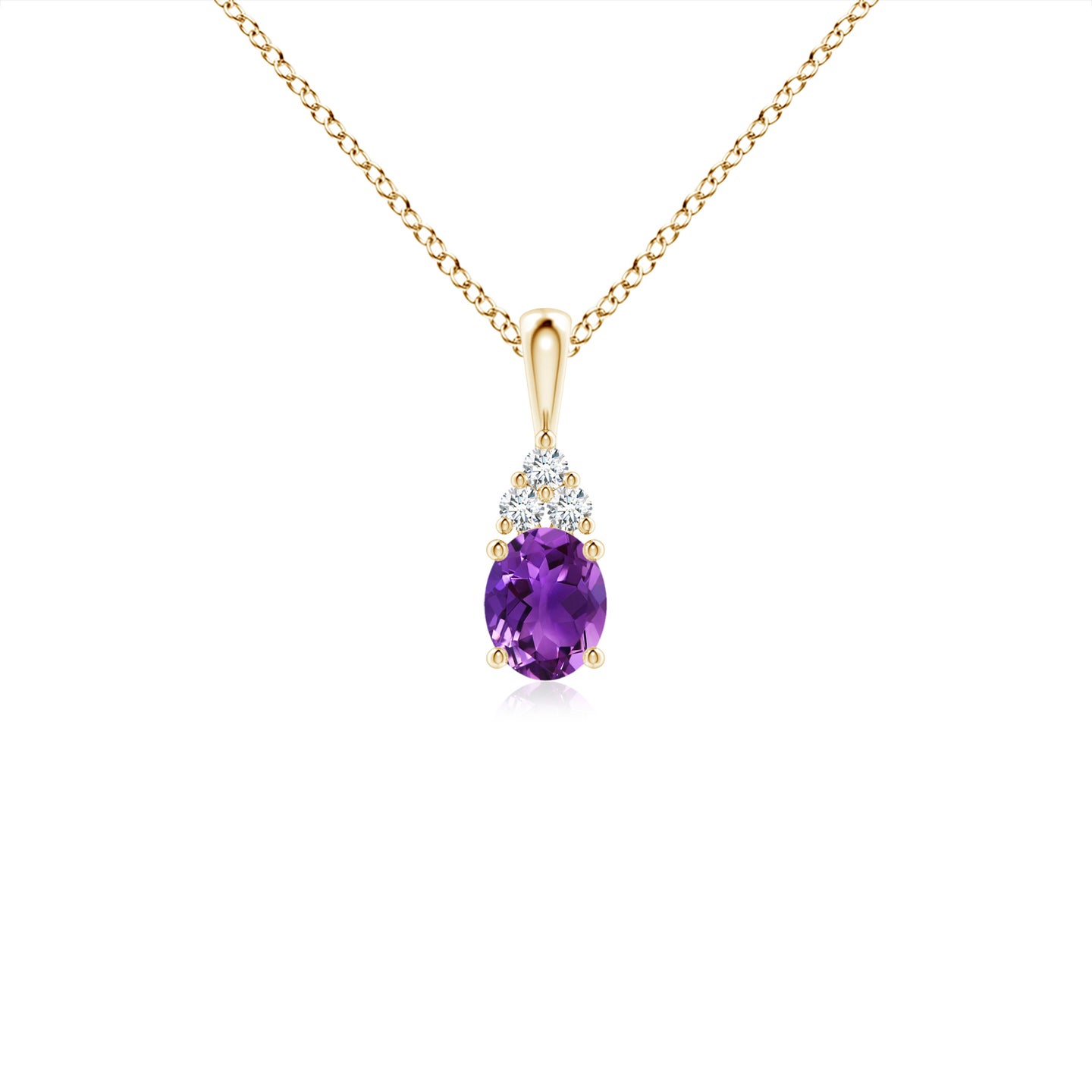 5x4mm AAAA Oval Amethyst Solitaire Pendant with Trio Diamond in Yellow Gold