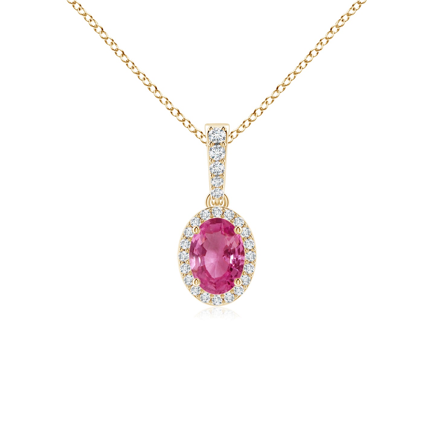 7x5mm AAAA Vintage Style Oval Pink Sapphire Halo Pendant in Yellow Gold