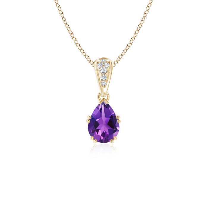 7x5mm AAAA Vintage Style Pear Amethyst Drop Pendant with Diamonds in Yellow Gold