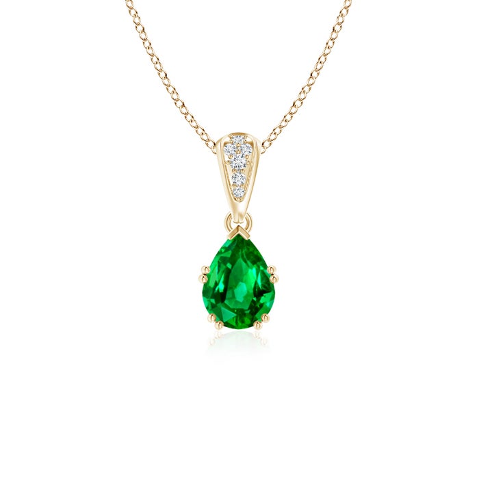 7x5mm AAAA Vintage Style Pear Emerald Drop Pendant with Diamonds in Yellow Gold