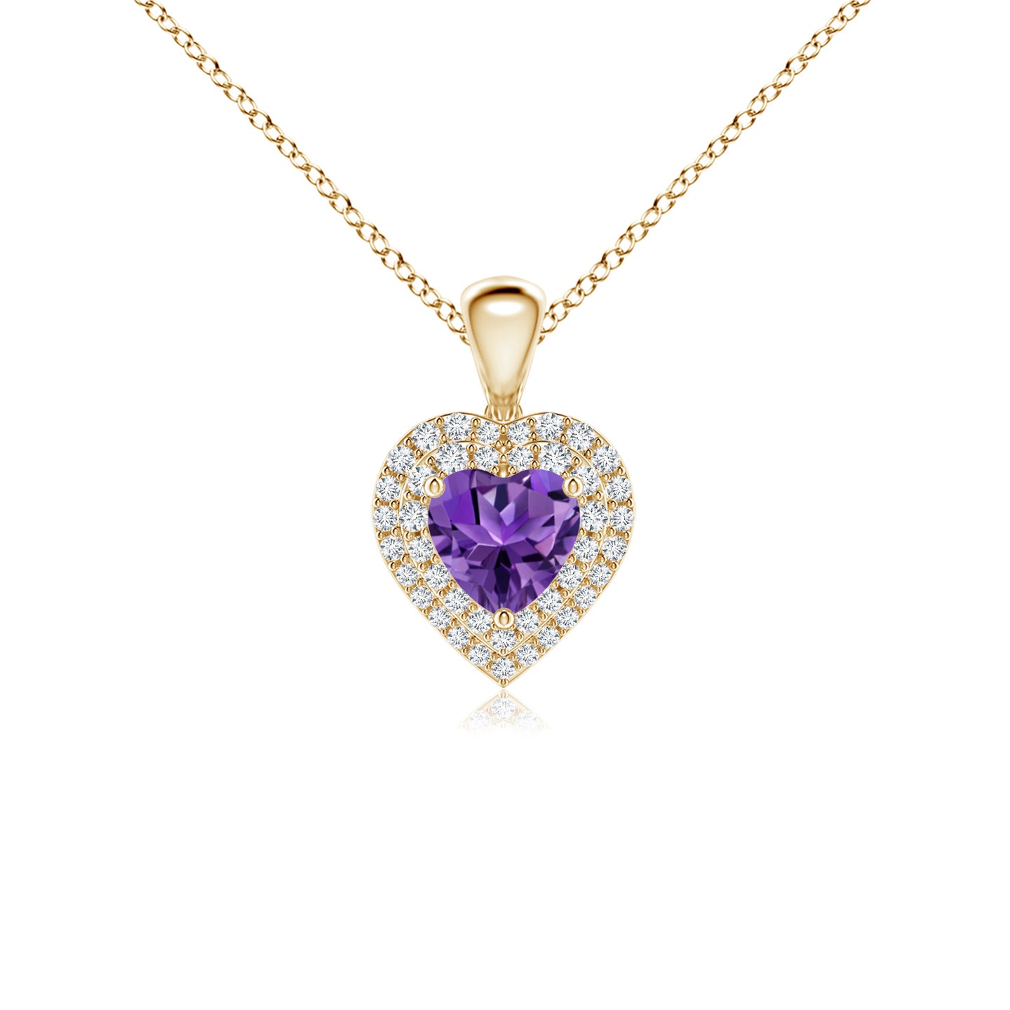 5mm AAAA Amethyst Heart Pendant with Diamond Double Halo in Yellow Gold