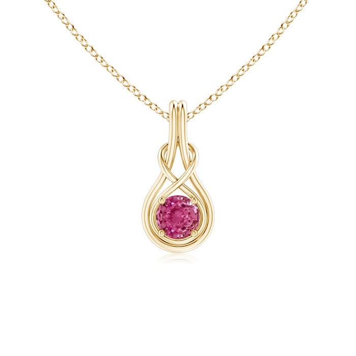 5mm AAAA Round Pink Sapphire Solitaire Infinity Knot Pendant in Yellow Gold
