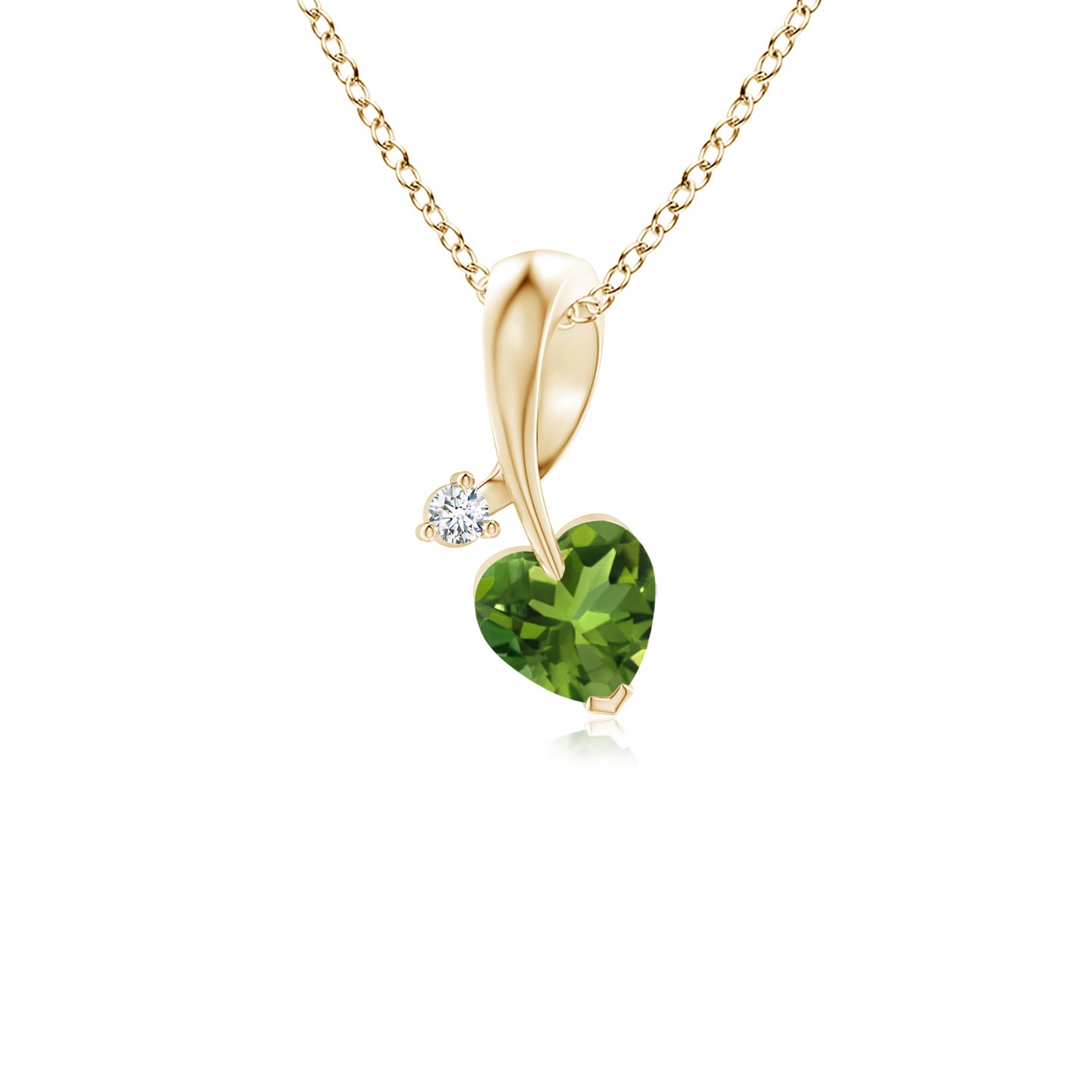 4mm AAAA Heart-Shaped Peridot Ribbon Pendant with Diamond in Yellow Gold 4mm AAAA Heart-Shaped Peridot Ribbon Pendant with Diamond in Yellow Gold