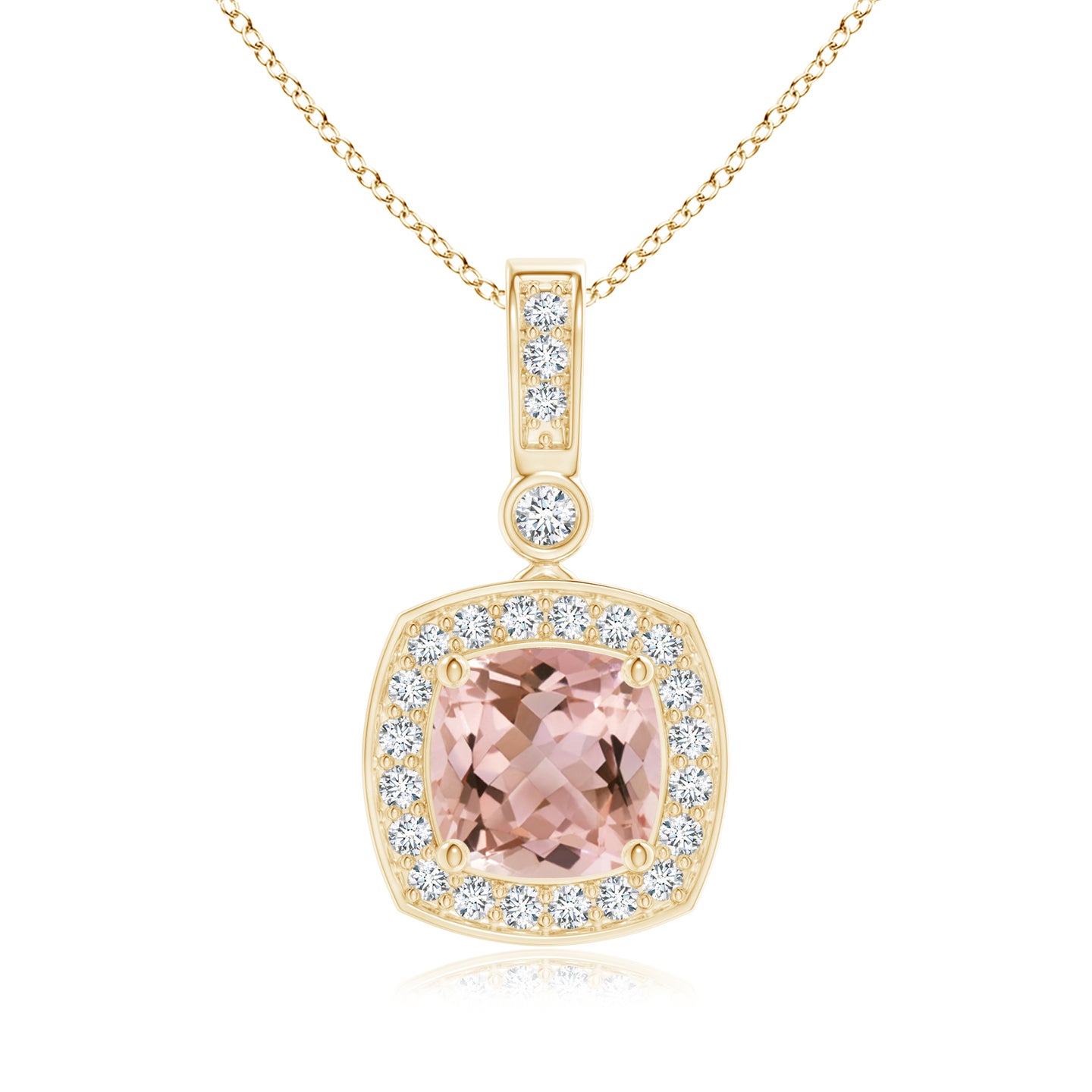 6mm AAAA Cushion Morganite Pendant with Diamond Halo in Yellow Gold 6mm AAAA Cushion Morganite Pendant with Diamond Halo in Yellow Gold