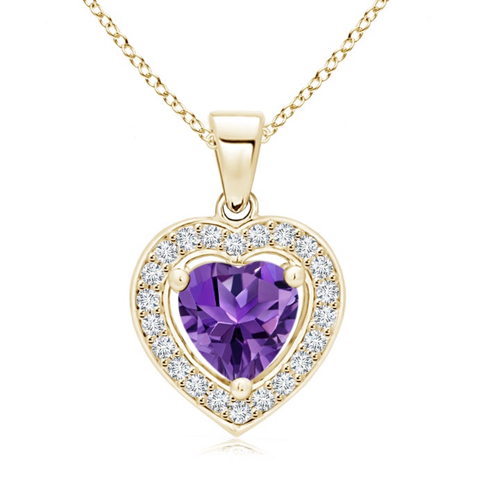 6mm AAAA Floating Amethyst Heart Pendant with Diamond Halo in Yellow Gold