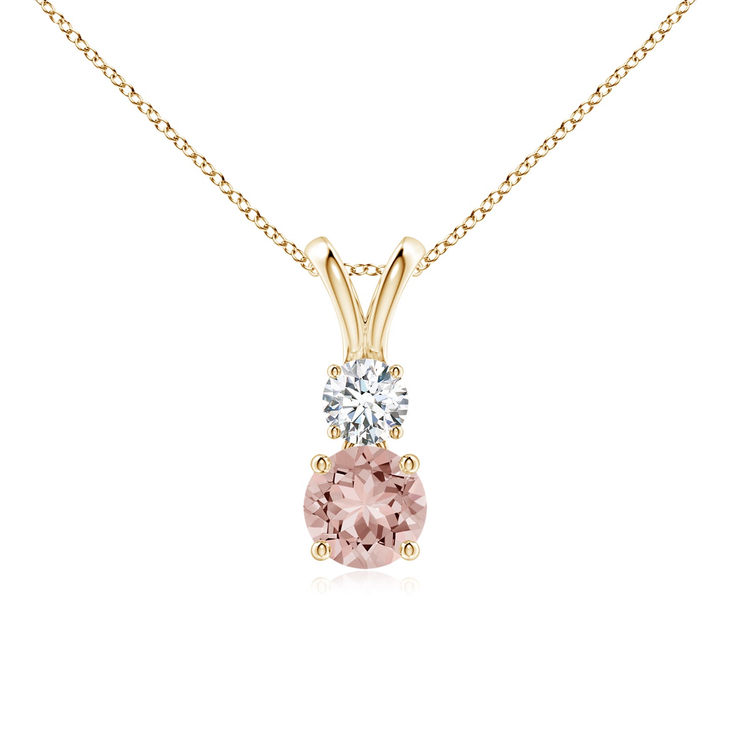 5mm AAAA Round Morganite and Diamond Two Stone Pendant in Yellow Gold 5mm AAAA Round Morganite and Diamond Two Stone Pendant in Yellow Gold