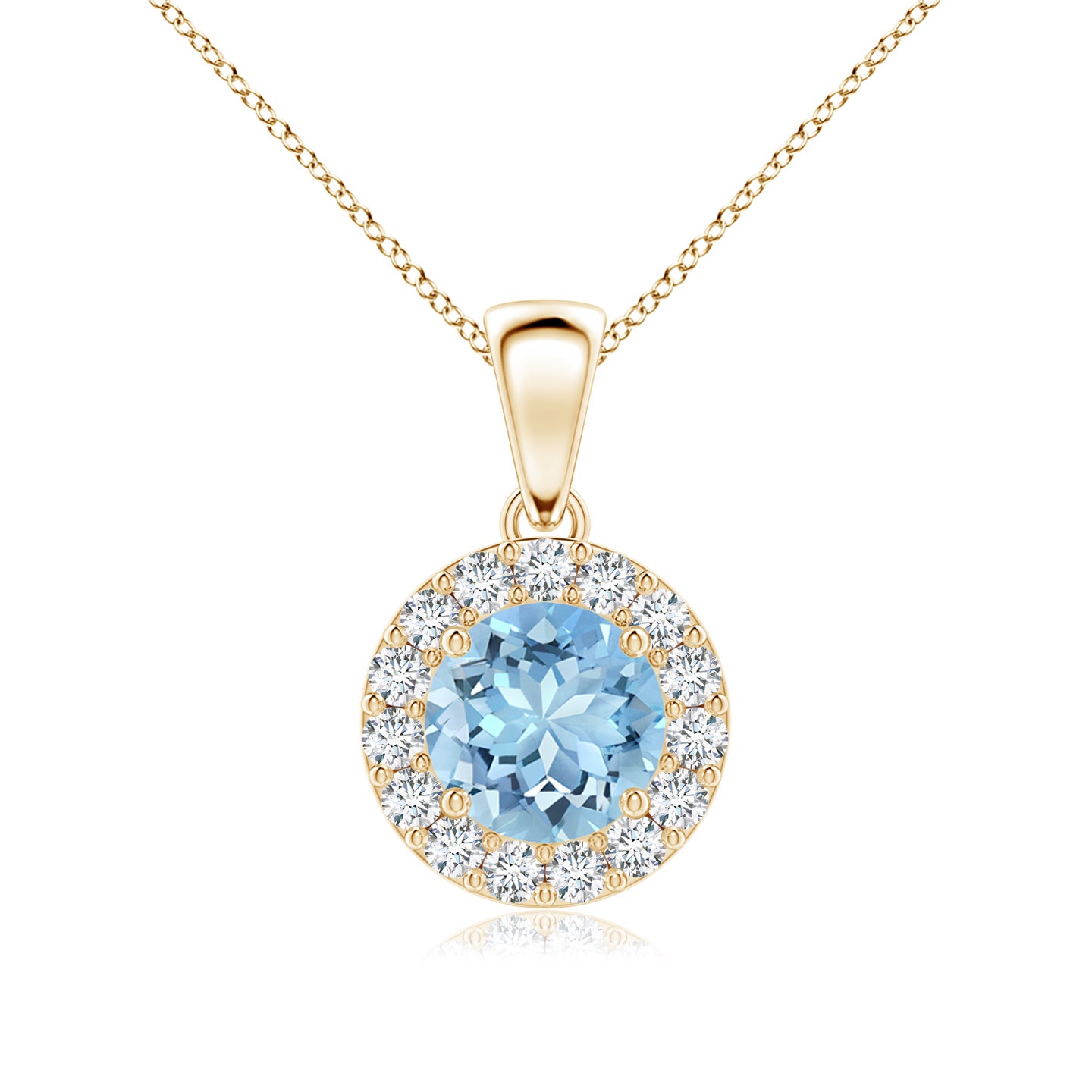 6mm AAAA Round Aquamarine and Diamond Halo Pendant in Yellow Gold 6mm AAAA Round Aquamarine and Diamond Halo Pendant in Yellow Gold