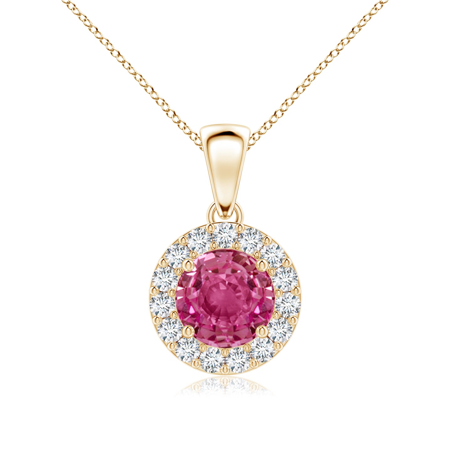 6mm AAAA Round Pink Sapphire and Diamond Halo Pendant in Yellow Gold
