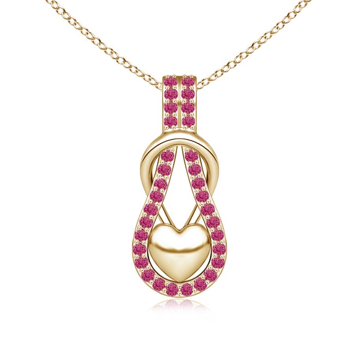 1.3mm AAAA Pink Sapphire Infinity Knot Pendant with Puffed Heart in Yellow Gold