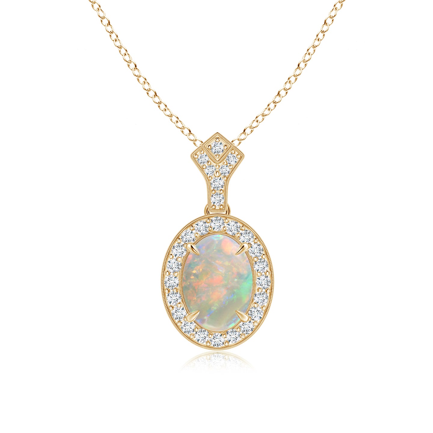 8x6mm AAAA Milgrain-Edged Oval Opal and Diamond Halo Pendant in Yellow Gold