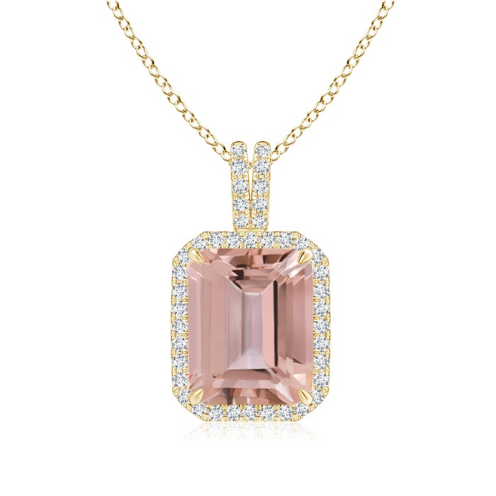 10x8mm AAAA Emerald-Cut Morganite Halo Pendant with Diamond Accents in Yellow Gold 10x8mm AAAA Emerald-Cut Morganite Halo Pendant with Diamond Accents in Yellow Gold