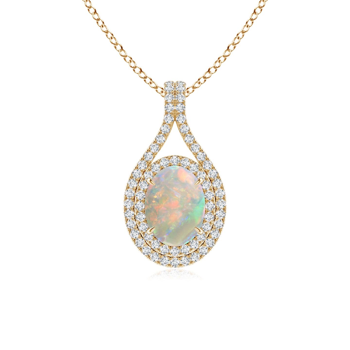 8x6mm AAAA Oval Opal Double Halo Loop Pendant in Yellow Gold