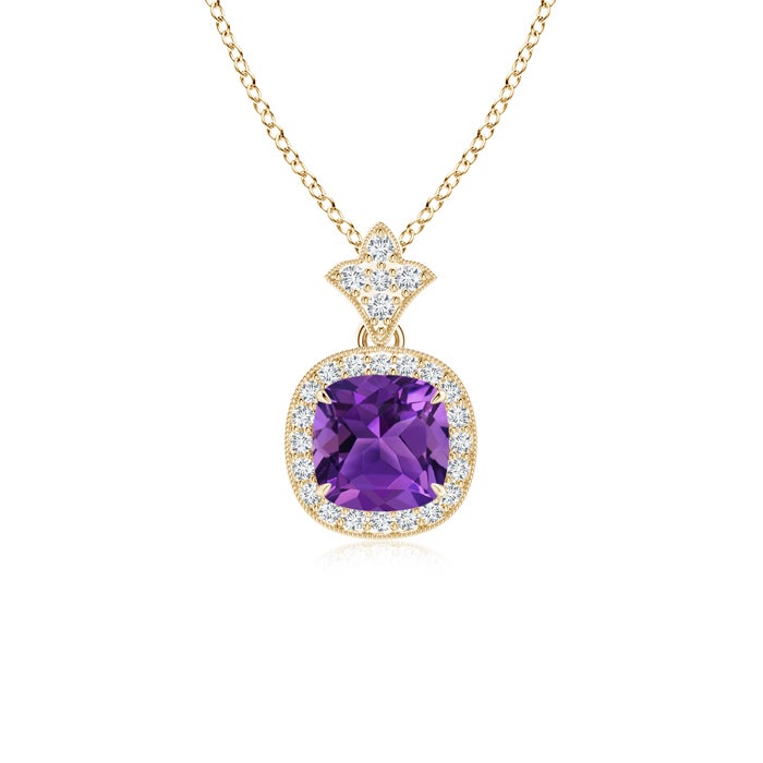 6mm AAAA Vintage Inspired Cushion Amethyst Halo Pendant in Yellow Gold