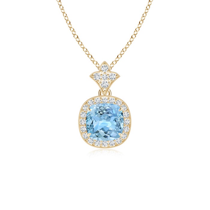 6mm AAAA Vintage Inspired Cushion Aquamarine Halo Pendant in Yellow Gold